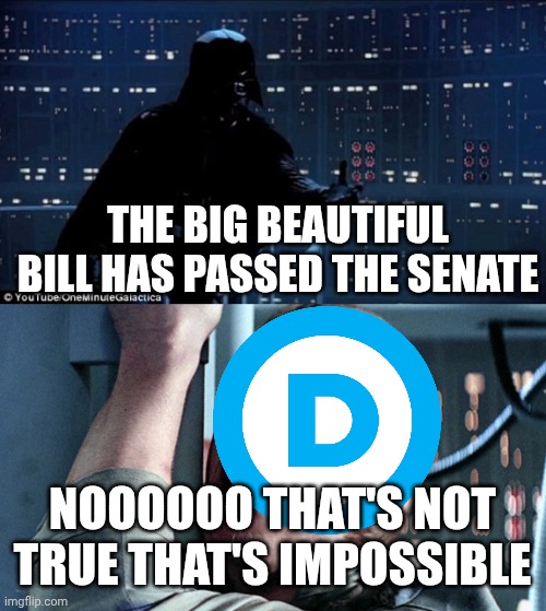 darth vader luke skywalker | THE BIG BEAUTIFUL BILL HAS PASSED THE SENATE; NOOOOOO THAT'S NOT TRUE THAT'S IMPOSSIBLE | image tagged in darth vader luke skywalker | made w/ Imgflip meme maker