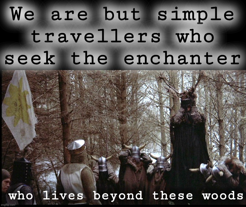 We are no longer the knights who say NI! | We are but simple travellers who seek the enchanter who lives beyond these woods | image tagged in we are no longer the knights who say ni | made w/ Imgflip meme maker