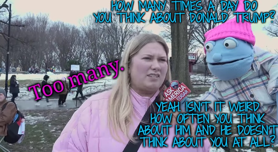 Ask America With Edgar | HOW MANY TIMES A DAY DO YOU THINK ABOUT DONALD TRUMP? Too many. YEAH. ISN'T IT WEIRD HOW OFTEN YOU THINK ABOUT HIM AND HE DOESN'T THINK ABOUT YOU AT ALL? | image tagged in too true | made w/ Imgflip meme maker