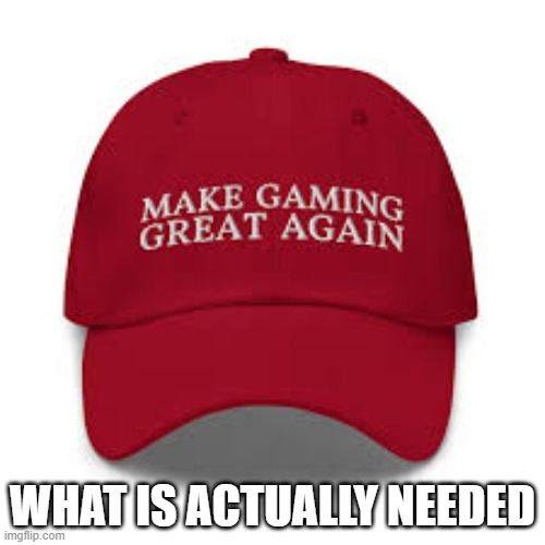 The latest in video game playing: The "Make Gaming Great Again" hat. | WHAT IS ACTUALLY NEEDED | image tagged in gaming,video games,hats,humor,ps5,xbox | made w/ Imgflip meme maker