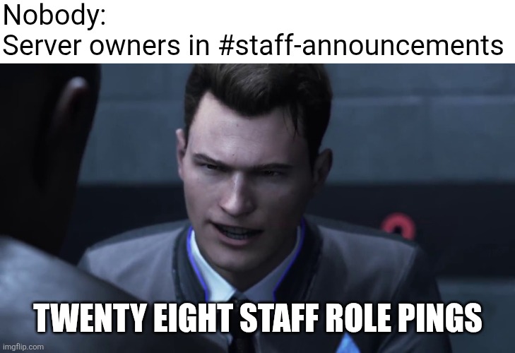 the life of a moderator for a custom server for a roblox game | Nobody:
Server owners in #staff-announcements; TWENTY EIGHT STAFF ROLE PINGS | image tagged in blank white template,28 stab wounds | made w/ Imgflip meme maker