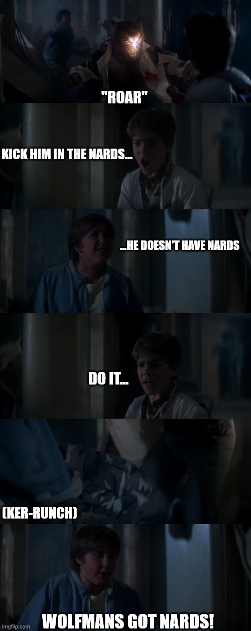 Wolfmans Got Nards! | "ROAR"; KICK HIM IN THE NARDS... ...HE DOESN'T HAVE NARDS; DO IT... (KER-RUNCH); WOLFMANS GOT NARDS! | image tagged in monster squad,wolfman | made w/ Imgflip meme maker