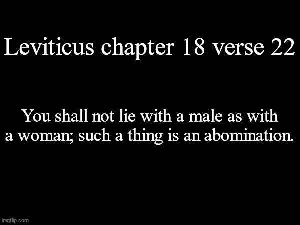 This specific translation is from the New American Bible. (NAB) | Leviticus chapter 18 verse 22; You shall not lie with a male as with a woman; such a thing is an abomination. | made w/ Imgflip meme maker
