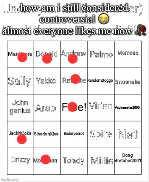 most of these aren’t even controversial anyway | how am i still considered controversial 😭 almost everyone likes me now 🥀 | image tagged in user you dislike bingo | made w/ Imgflip meme maker