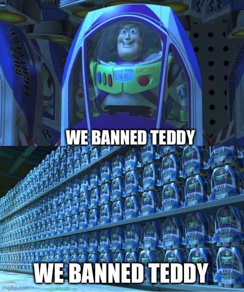 WE BANNED TEDDY WE BANNED TEDDY | image tagged in buzz lightyear clones | made w/ Imgflip meme maker