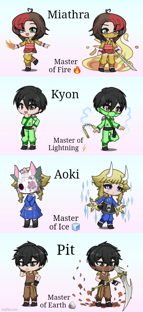 18th Realm (Part 1) | Miathra; Master of Fire 🔥; Kyon; Master of Lightning ⚡️; Aoki; Master of Ice 🧊; Pit; Master of Earth 🪨 | made w/ Imgflip meme maker