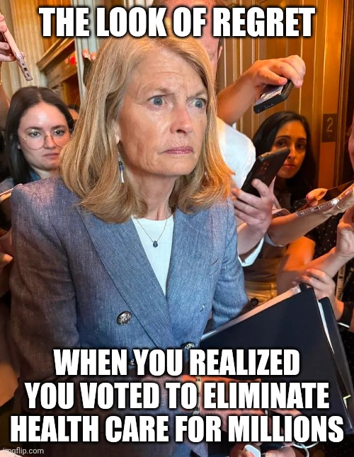 Lisa Murkowski immediately regrets selling out | THE LOOK OF REGRET; WHEN YOU REALIZED YOU VOTED TO ELIMINATE HEALTH CARE FOR MILLIONS | image tagged in lisa murkowski sells out the american people,maga,medicare,instant regret | made w/ Imgflip meme maker