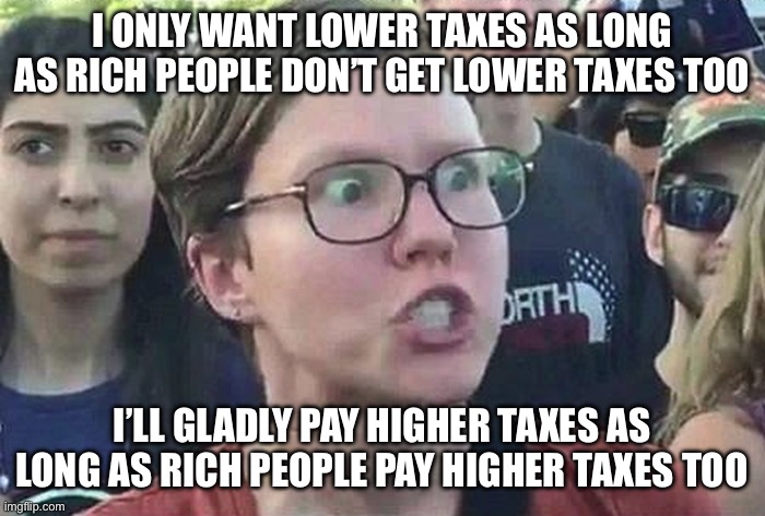 Triggered Liberal | I ONLY WANT LOWER TAXES AS LONG AS RICH PEOPLE DON’T GET LOWER TAXES TOO I’LL GLADLY PAY HIGHER TAXES AS LONG AS RICH PEOPLE PAY HIGHER TAXE | image tagged in triggered liberal | made w/ Imgflip meme maker
