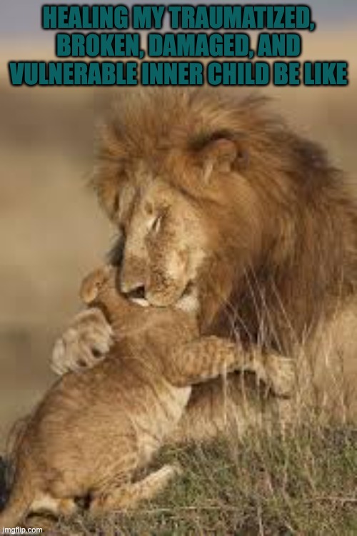 Father son time | HEALING MY TRAUMATIZED, BROKEN, DAMAGED, AND VULNERABLE INNER CHILD BE LIKE | image tagged in lion | made w/ Imgflip meme maker