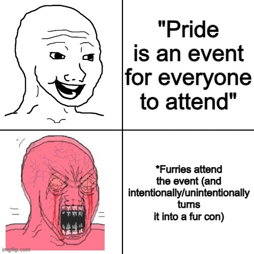 Dems and Mamdani = Pride and Furries | "Pride is an event for everyone to attend"; *Furries attend the event (and intentionally/unintentionally turns it into a fur con) | image tagged in happy vs angry wojak,pride,furries,democrats,anti furry | made w/ Imgflip meme maker