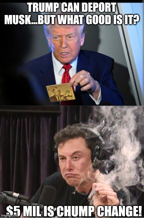 Chump.   Change. | TRUMP CAN DEPORT MUSK...BUT WHAT GOOD IS IT? $5 MIL IS CHUMP CHANGE! | image tagged in elon musk smoking a joint | made w/ Imgflip meme maker