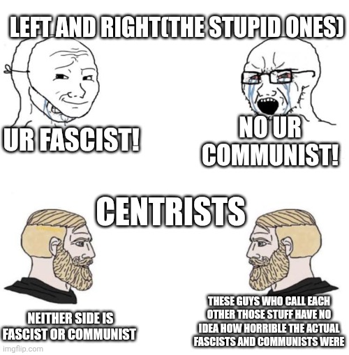 Imagine saying "Oh it's false calling me that false stuff but it's true to call the other the false stuff" | LEFT AND RIGHT(THE STUPID ONES); NO UR COMMUNIST! UR FASCIST! CENTRISTS; THESE GUYS WHO CALL EACH OTHER THOSE STUFF HAVE NO IDEA HOW HORRIBLE THE ACTUAL FASCISTS AND COMMUNISTS WERE; NEITHER SIDE IS FASCIST OR COMMUNIST | image tagged in chad we know,centrism,common sense,truth,the truth | made w/ Imgflip meme maker