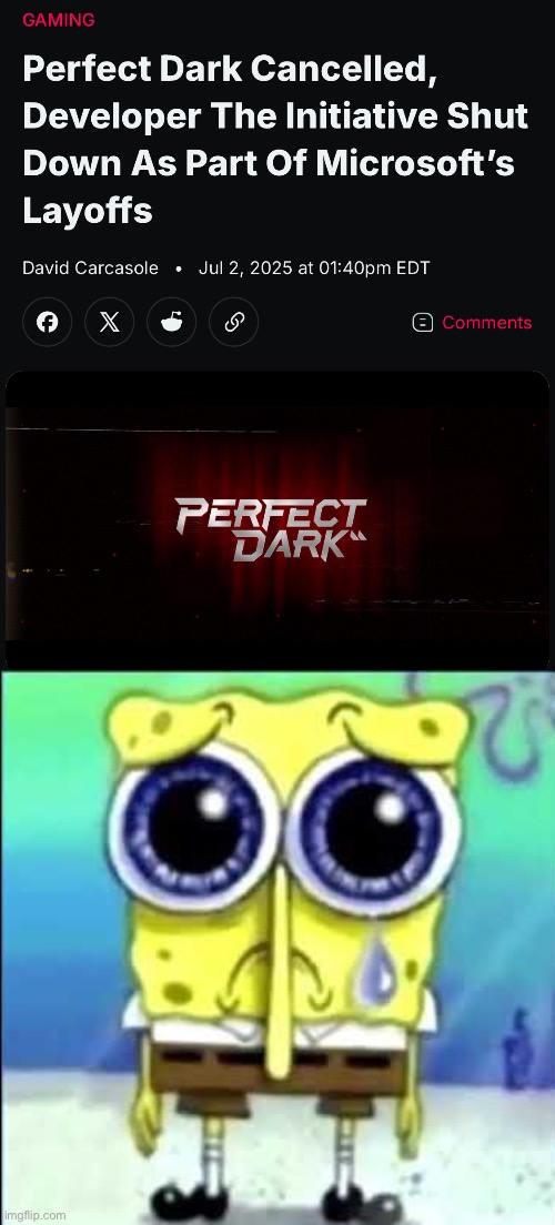 Shame.  Perfect Dark looked alright. | image tagged in sad spongebob | made w/ Imgflip meme maker