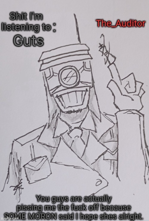The_Auditor's Phobos announcement template | Guts; You guys are actually pissing me the fuck off because SOME MORON said I hope shes alright. | image tagged in the_auditor's phobos announcement template | made w/ Imgflip meme maker