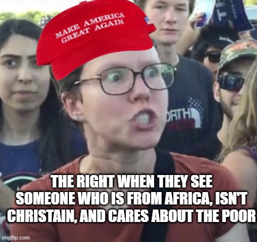 Mamdani | THE RIGHT WHEN THEY SEE SOMEONE WHO IS FROM AFRICA, ISN'T CHRISTAIN, AND CARES ABOUT THE POOR | image tagged in maga loser | made w/ Imgflip meme maker