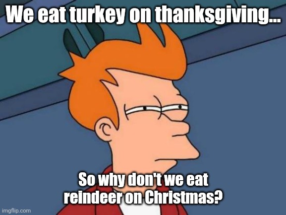 Nom nom | We eat turkey on thanksgiving... So why don't we eat reindeer on Christmas? | image tagged in memes,futurama fry,food for thought | made w/ Imgflip meme maker