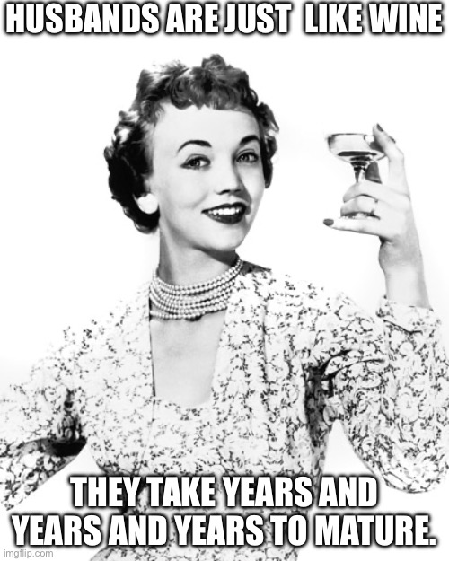Wine | HUSBANDS ARE JUST  LIKE WINE; THEY TAKE YEARS AND YEARS AND YEARS TO MATURE. | image tagged in woman drinking wine,wine,husband,mature | made w/ Imgflip meme maker