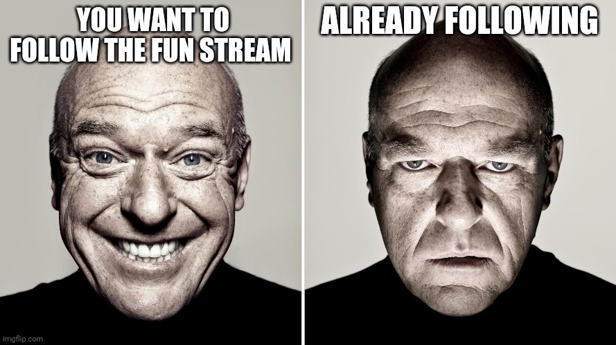 I wanted to manually do so | ALREADY FOLLOWING; YOU WANT TO FOLLOW THE FUN STREAM | image tagged in dean norris's reaction | made w/ Imgflip meme maker
