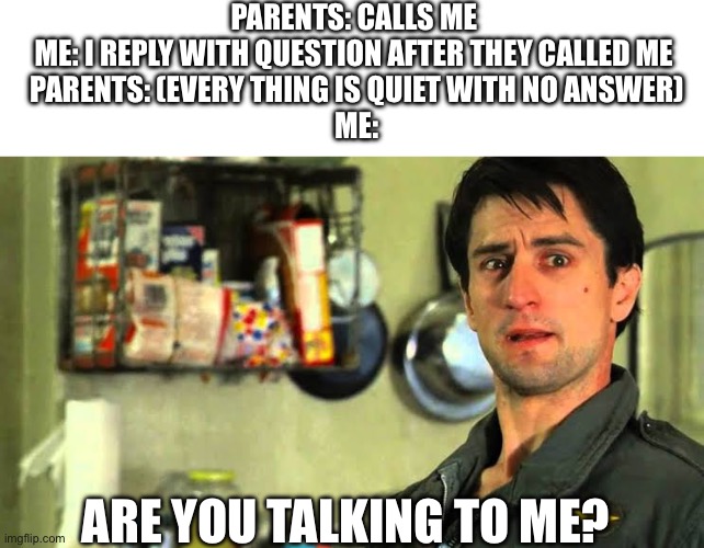 Every time they call us | PARENTS: CALLS ME 
ME: I REPLY WITH QUESTION AFTER THEY CALLED ME 
PARENTS: (EVERY THING IS QUIET WITH NO ANSWER)
ME:; ARE YOU TALKING TO ME? | image tagged in taxi driver,parents,joke,robert de niro | made w/ Imgflip meme maker