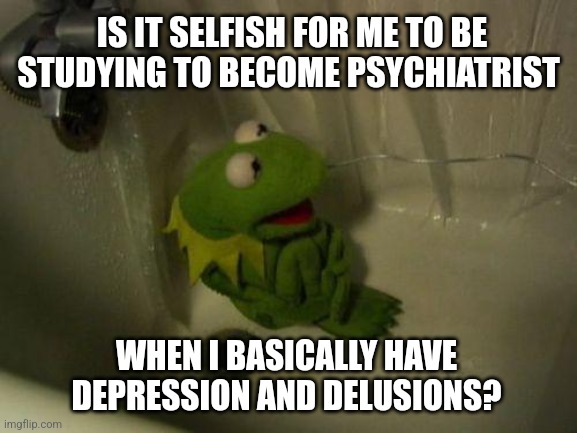 ? | IS IT SELFISH FOR ME TO BE STUDYING TO BECOME PSYCHIATRIST; WHEN I BASICALLY HAVE DEPRESSION AND DELUSIONS? | image tagged in depressed kermit,stupid question,question,depression,delusional,psychiatrist | made w/ Imgflip meme maker