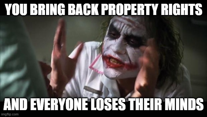 joker property rights everybody loses their minds | YOU BRING BACK PROPERTY RIGHTS; AND EVERYONE LOSES THEIR MINDS | image tagged in memes,and everybody loses their minds | made w/ Imgflip meme maker
