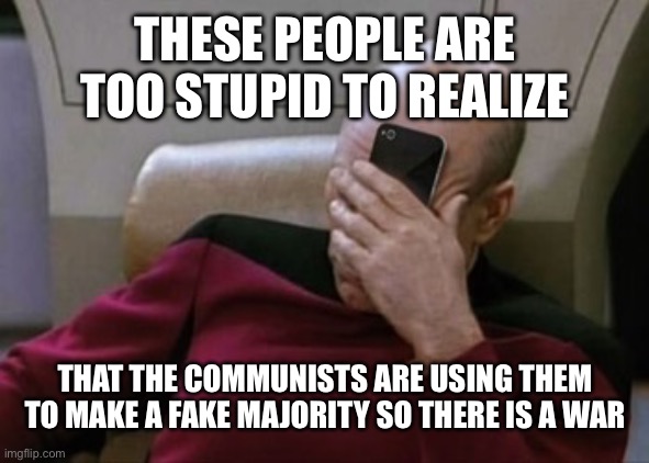 Picard Facepalm Phone | THESE PEOPLE ARE TOO STUPID TO REALIZE THAT THE COMMUNISTS ARE USING THEM TO MAKE A FAKE MAJORITY SO THERE IS A WAR | image tagged in picard facepalm phone | made w/ Imgflip meme maker