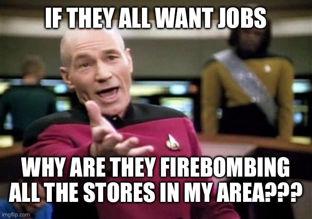 IF THEY ALL WANT JOBS WHY ARE THEY FIREBOMBING ALL THE STORES IN MY AREA??? | image tagged in startrek | made w/ Imgflip meme maker