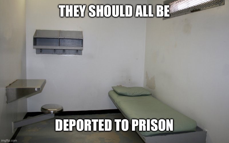 THEY SHOULD ALL BE DEPORTED TO PRISON | image tagged in prison cell inside | made w/ Imgflip meme maker