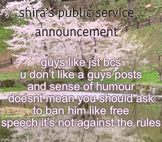 shira’s PSA | guys like jst bcs u don’t like a guys posts and sense of humour doesnt mean you should ask to ban him like free speech it’s not against the rules | image tagged in shira s psa | made w/ Imgflip meme maker