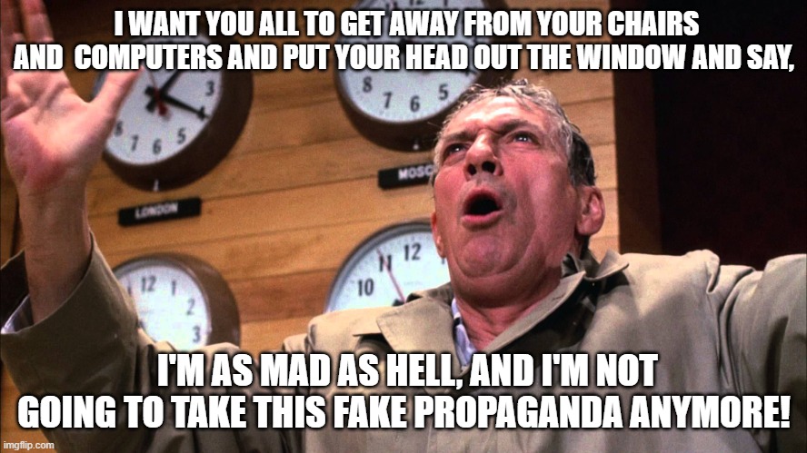 Get off your ass and stick your head out the Window. LOL | I WANT YOU ALL TO GET AWAY FROM YOUR CHAIRS AND  COMPUTERS AND PUT YOUR HEAD OUT THE WINDOW AND SAY, I'M AS MAD AS HELL, AND I'M NOT GOING TO TAKE THIS FAKE PROPAGANDA ANYMORE! | image tagged in network - mad as hell,propaganda,computers,chairs,fake news | made w/ Imgflip meme maker