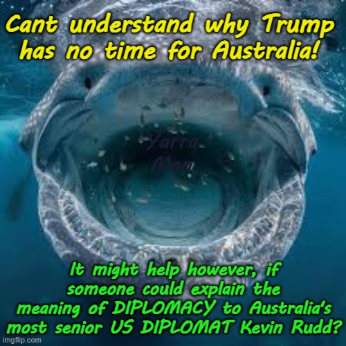 Maybe someone could explain the meaning of diplomacy to Australia's top diplomat in the US! | Cant understand why Trump has no time for Australia! Yarra Man; It might help however, if someone could explain the meaning of DIPLOMACY to Australia's most senior US DIPLOMAT Kevin Rudd? | image tagged in kevin rudd labor progressive,donald j trump,united states,far left,loud big mouth | made w/ Imgflip meme maker