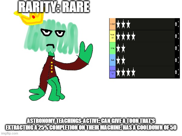 my oc: Prince Austin | RARITY: RARE; ASTRONOMY TEACHINGS-ACTIVE: CAN GIVE A TOON THAT'S EXTRACTING A 25% COMPLETION ON THEIR MACHINE. HAS A COOLDOWN OF 50 | made w/ Imgflip meme maker