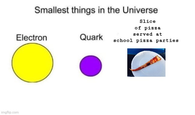 so true | Slice of pizza served at school pizza parties | image tagged in smallest things in the universe | made w/ Imgflip meme maker