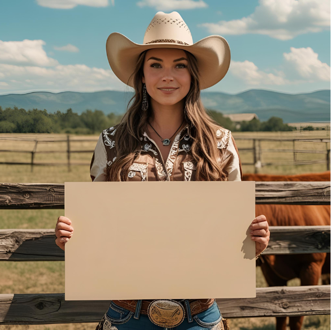 Cowgirl holding blank sign Blank Meme Template