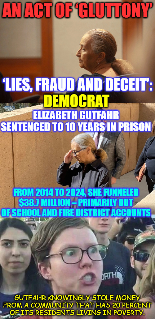 Another crooked democrat busted | AN ACT OF ‘GLUTTONY’; ‘LIES, FRAUD AND DECEIT’:; DEMOCRAT; ELIZABETH GUTFAHR SENTENCED TO 10 YEARS IN PRISON; FROM 2014 TO 2024, SHE FUNNELED $38.7 MILLION – PRIMARILY OUT OF SCHOOL AND FIRE DISTRICT ACCOUNTS; GUTFAHR KNOWINGLY STOLE MONEY FROM A COMMUNITY THAT HAS 20 PERCENT OF ITS RESIDENTS LIVING IN POVERTY. | image tagged in criminal,democrats,busted,stole from school and fire funds | made w/ Imgflip meme maker