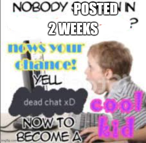 yell dead chat xD now to become a cool kid | 2 WEEKS; POSTED | image tagged in yell dead chat xd now to become a cool kid | made w/ Imgflip meme maker
