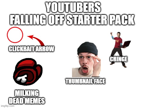 Not to mention getting cancelled for some stupid thing they did years ago | YOUTUBERS FALLING OFF STARTER PACK; CLICKBAIT ARROW; CRINGE; THUMBNAIL FACE; MILKING DEAD MEMES | image tagged in fun | made w/ Imgflip meme maker