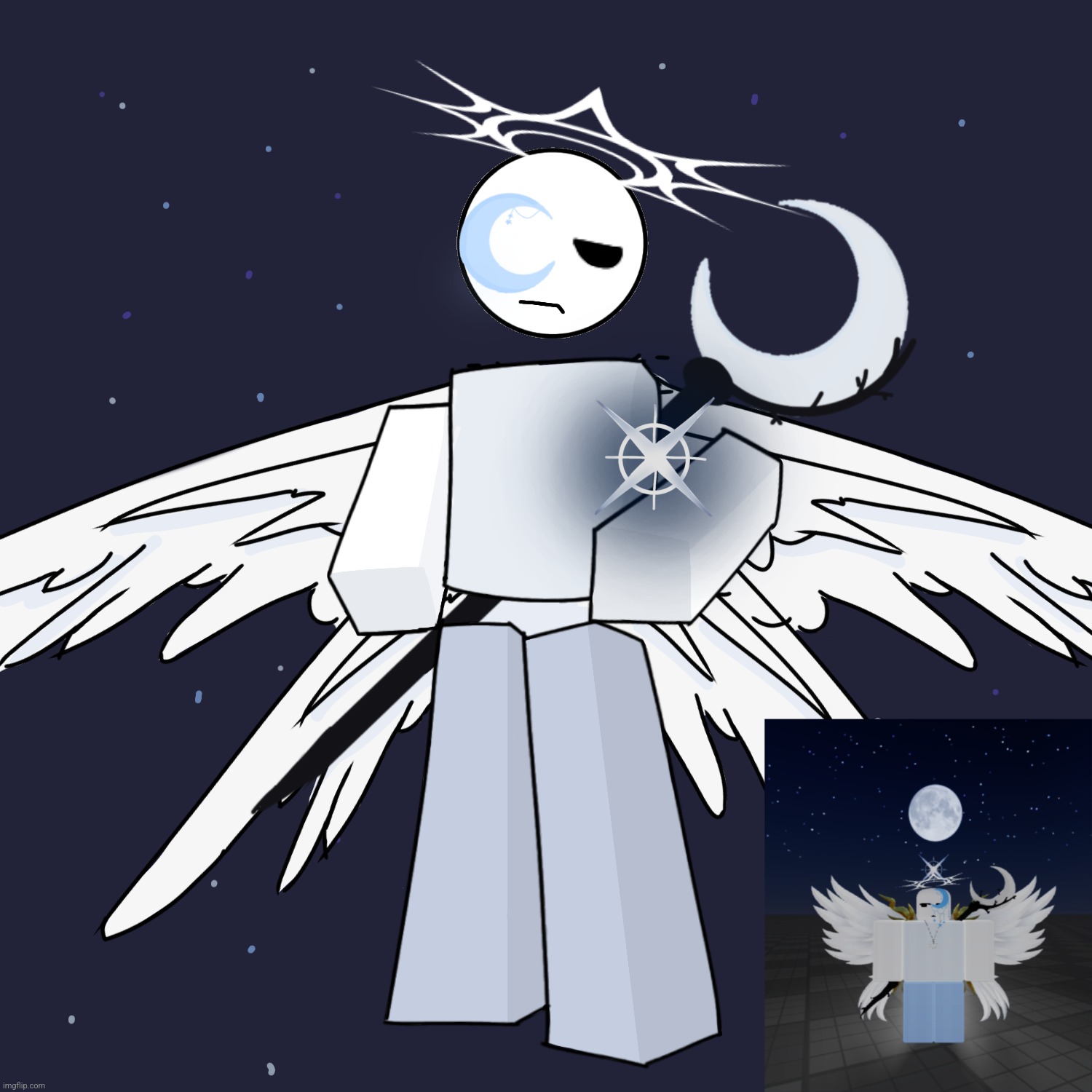 I hate the wings so much | image tagged in moon,roblox,oc,roblox oc | made w/ Imgflip meme maker