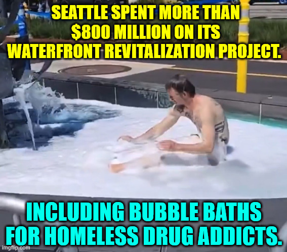 And they wonder why dem cities suck | SEATTLE SPENT MORE THAN $800 MILLION ON ITS WATERFRONT REVITALIZATION PROJECT. INCLUDING BUBBLE BATHS FOR HOMELESS DRUG ADDICTS. | image tagged in dem,cities,suck | made w/ Imgflip meme maker