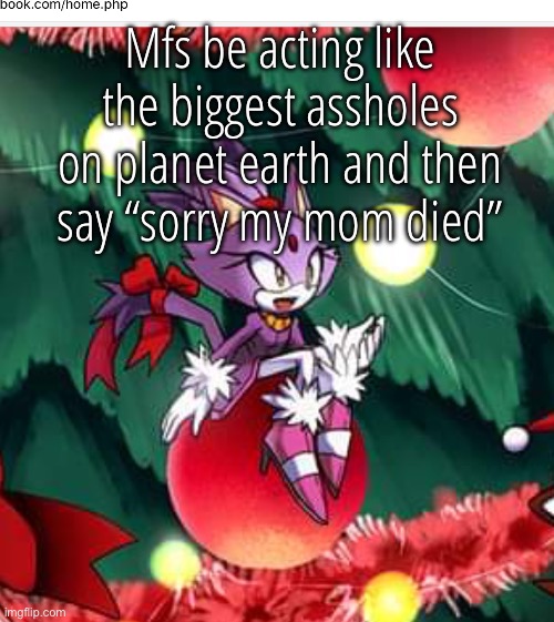 BLAZE IS CHRISTMAS ANGEL | Mfs be acting like the biggest assholes on planet earth and then say “sorry my mom died” | image tagged in blaze is christmas angel | made w/ Imgflip meme maker