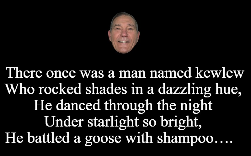 A limerick by kewlew | There once was a man named kewlew
Who rocked shades in a dazzling hue,
He danced through the night
Under starlight so bright,
He battled a goose with shampoo…. | image tagged in kewlew,limerick | made w/ Imgflip meme maker