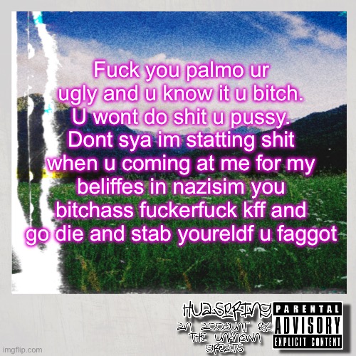 HuaSpring Temp | Fuck you palmo ur ugly and u know it u bitch. U wont do shit u pussy. Dont sya im statting shit when u coming at me for my beliffes in nazisim you bitchass fuckerfuck kff and go die and stab youreldf u faggot | image tagged in huaspring temp | made w/ Imgflip meme maker