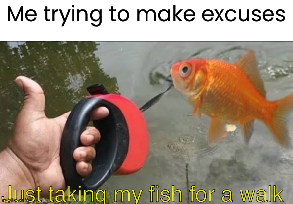 check coments | Me trying to make excuses; Just taking my fish for a walk | image tagged in funny | made w/ Imgflip meme maker