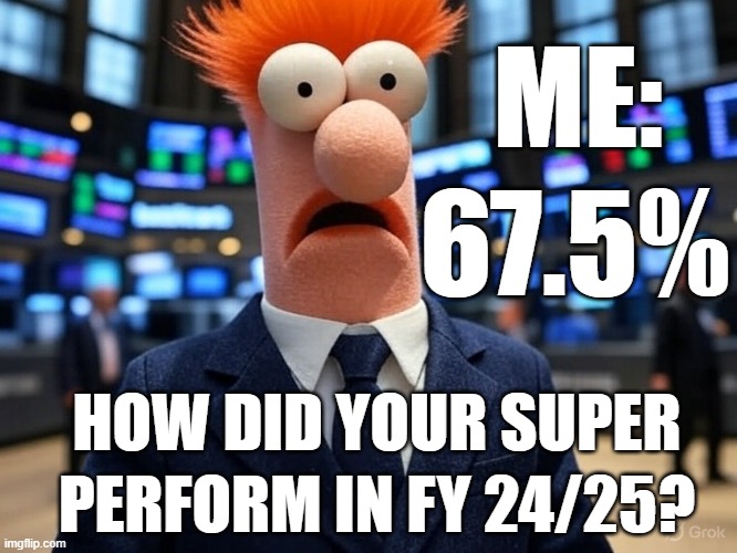 ANDIKA BULLETIN | ME:; 67.5%; HOW DID YOUR SUPER; PERFORM IN FY 24/25? | image tagged in beaker,super,profit | made w/ Imgflip meme maker