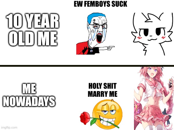 I only got a pair of thigh highs, oh well :[ (Insane note: REAL) | EW FEMBOYS SUCK; 10 YEAR OLD ME; HOLY SHIT MARRY ME; ME NOWADAYS | image tagged in femboy | made w/ Imgflip meme maker