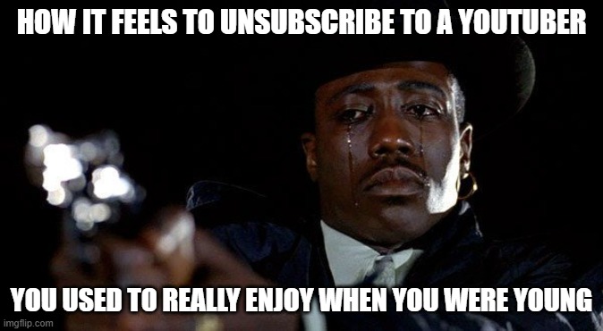 So long, partner | HOW IT FEELS TO UNSUBSCRIBE TO A YOUTUBER; YOU USED TO REALLY ENJOY WHEN YOU WERE YOUNG | image tagged in crying man with gun,memes,so long partner,sad | made w/ Imgflip meme maker