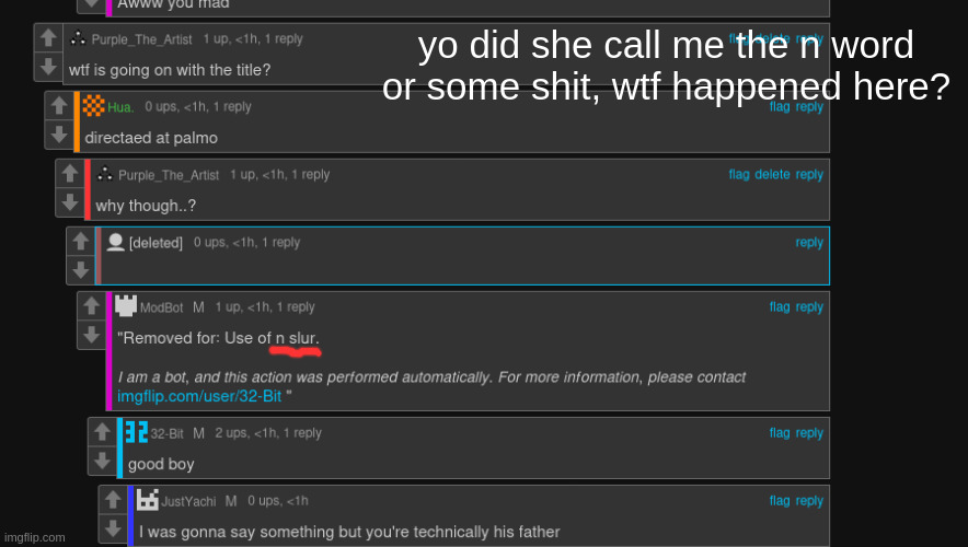 i wasn't online to see the message, what happened? | yo did she call me the n word or some shit, wtf happened here? | made w/ Imgflip meme maker