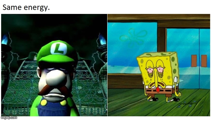 same energy | image tagged in luigi,spongebob,tired spongebob,sad spongebob,sad luigi,luigis mansion | made w/ Imgflip meme maker