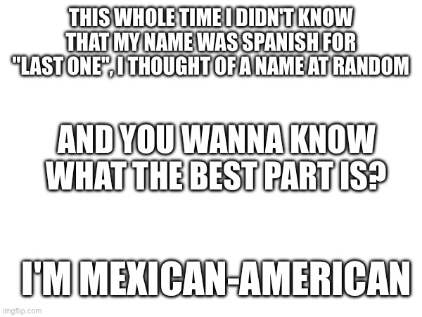 Conincidence? I think not! | THIS WHOLE TIME I DIDN'T KNOW THAT MY NAME WAS SPANISH FOR "LAST ONE", I THOUGHT OF A NAME AT RANDOM; AND YOU WANNA KNOW WHAT THE BEST PART IS? I'M MEXICAN-AMERICAN | image tagged in fun facts with squidward | made w/ Imgflip meme maker