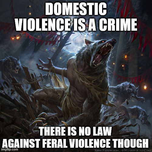Domestic Violence is illegal, not not feral violence. | DOMESTIC VIOLENCE IS A CRIME; THERE IS NO LAW AGAINST FERAL VIOLENCE THOUGH | image tagged in werewolf | made w/ Imgflip meme maker